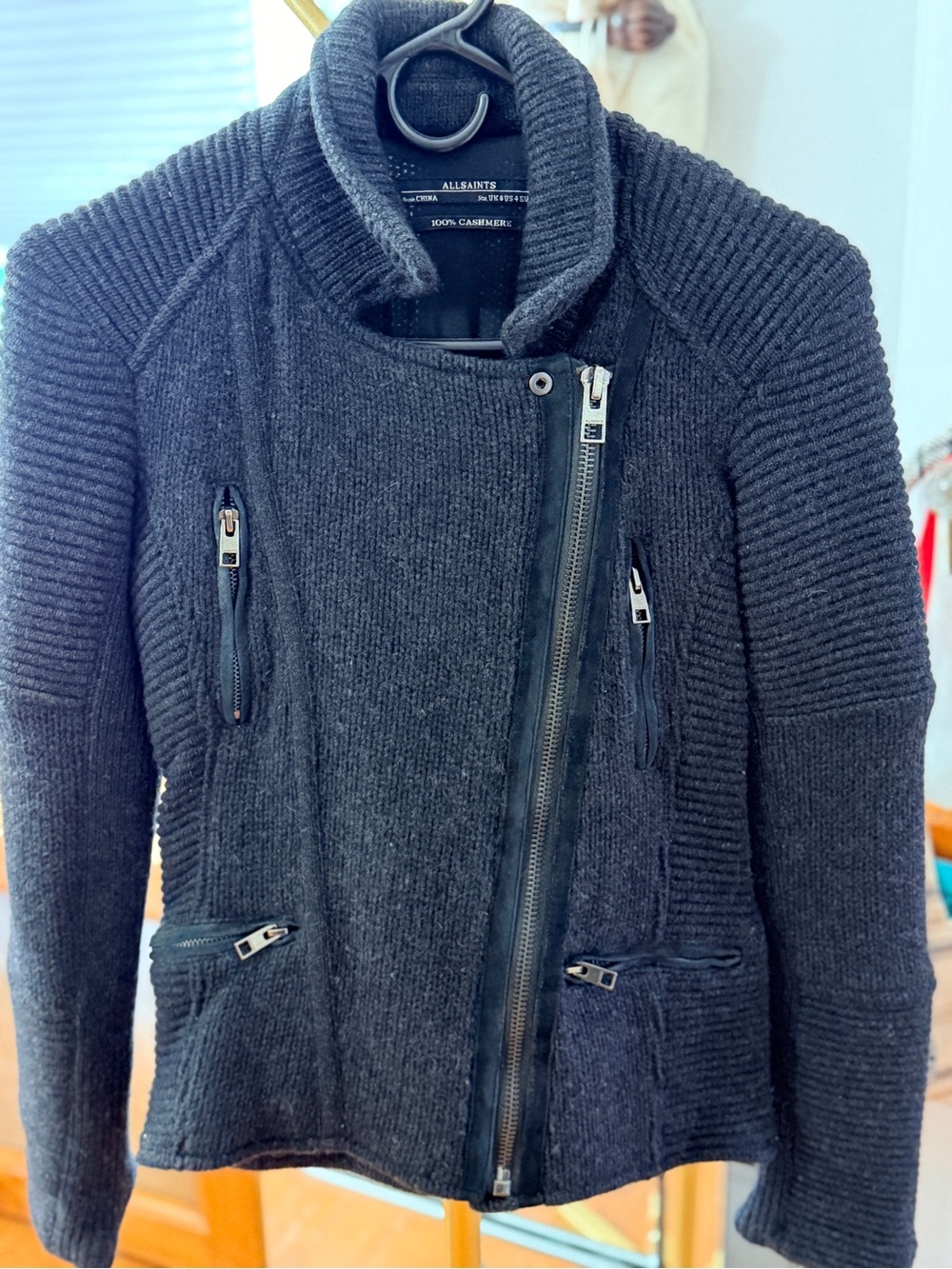 All Saints Black Ribbed Knit Asymmetric Zip Jacket